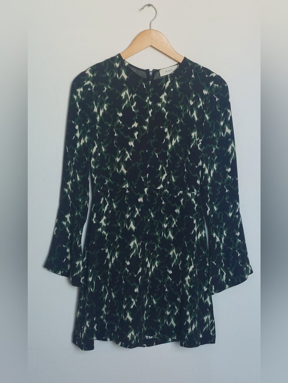 A.L.C. Dark Green and Cream Long Sleeve Printed Mini Dress